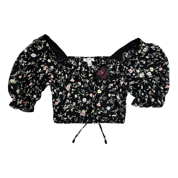 NWT Privvy Hot Miami Style Women's Crop Shirred Black Floral S/S Top Size Small - Picture 1 of 8